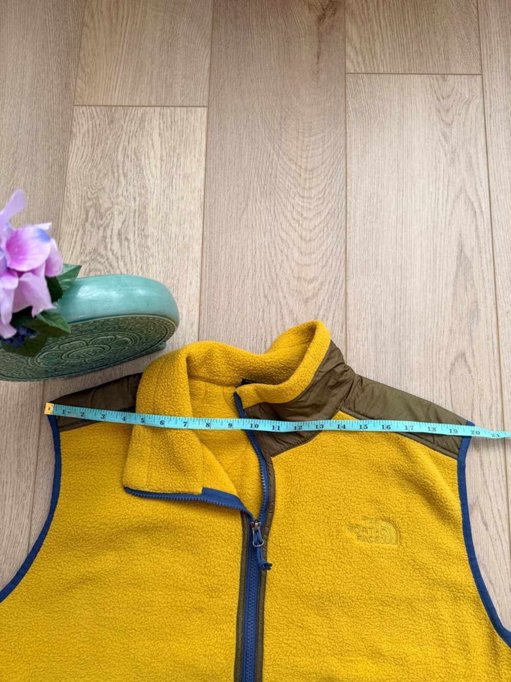 The North Face Yellow Fleece Vest with Olive Patch Pockets and Blue Trim - Picture 9 of 11